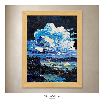 The Black Cloud II by Yingzhi Chen, original acrylic painting in a natural wood frame, presented against a styled gallery wall. Photograph edges cropped to remove protective corners.