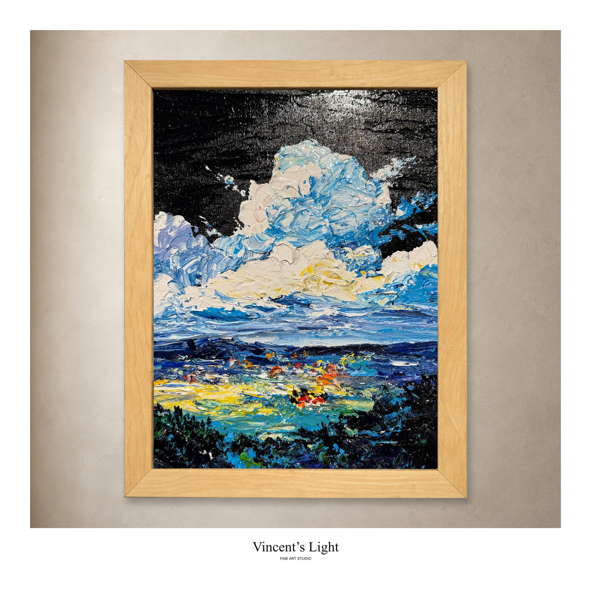 The Black Cloud III by Yingzhi Chen, original acrylic painting in a natural wood frame, presented against a styled gallery wall. Photograph edges cropped to remove protective corners.