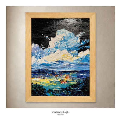 The Black Cloud III by Yingzhi Chen, original acrylic painting in a natural wood frame, presented against a styled gallery wall. Photograph edges cropped to remove protective corners.