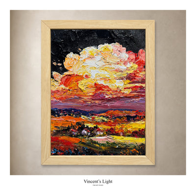 The Black Cloud IV by Yingzhi Chen, original acrylic painting in a natural wood frame, presented against a styled gallery wall. Photograph edges cropped to remove protective corners.