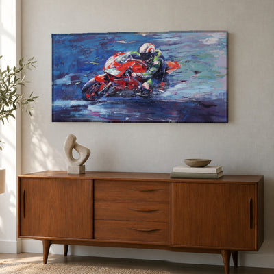 The Last Turn by Yingzhi Chen hanging on a soft lavender-grey plaster wall above a whitewashed oak console with a glass vase of white flowers