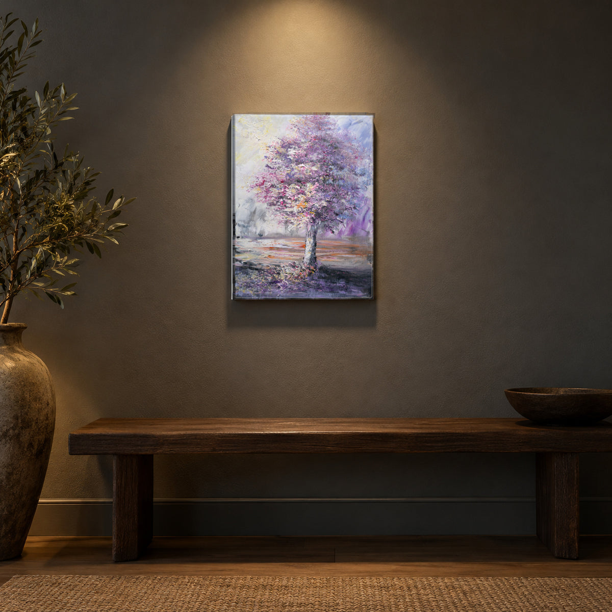 Violet Canopy by Yingzhi Chen hanging on a charcoal grey matte wall above a minimal dark oak bench