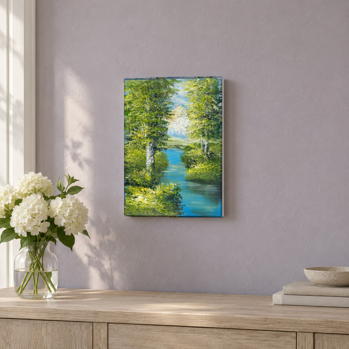Water Between Trees by Yingzhi Chen hanging on a soft lavender-grey plaster wall above a whitewashed oak console with a glass vase of white flowers