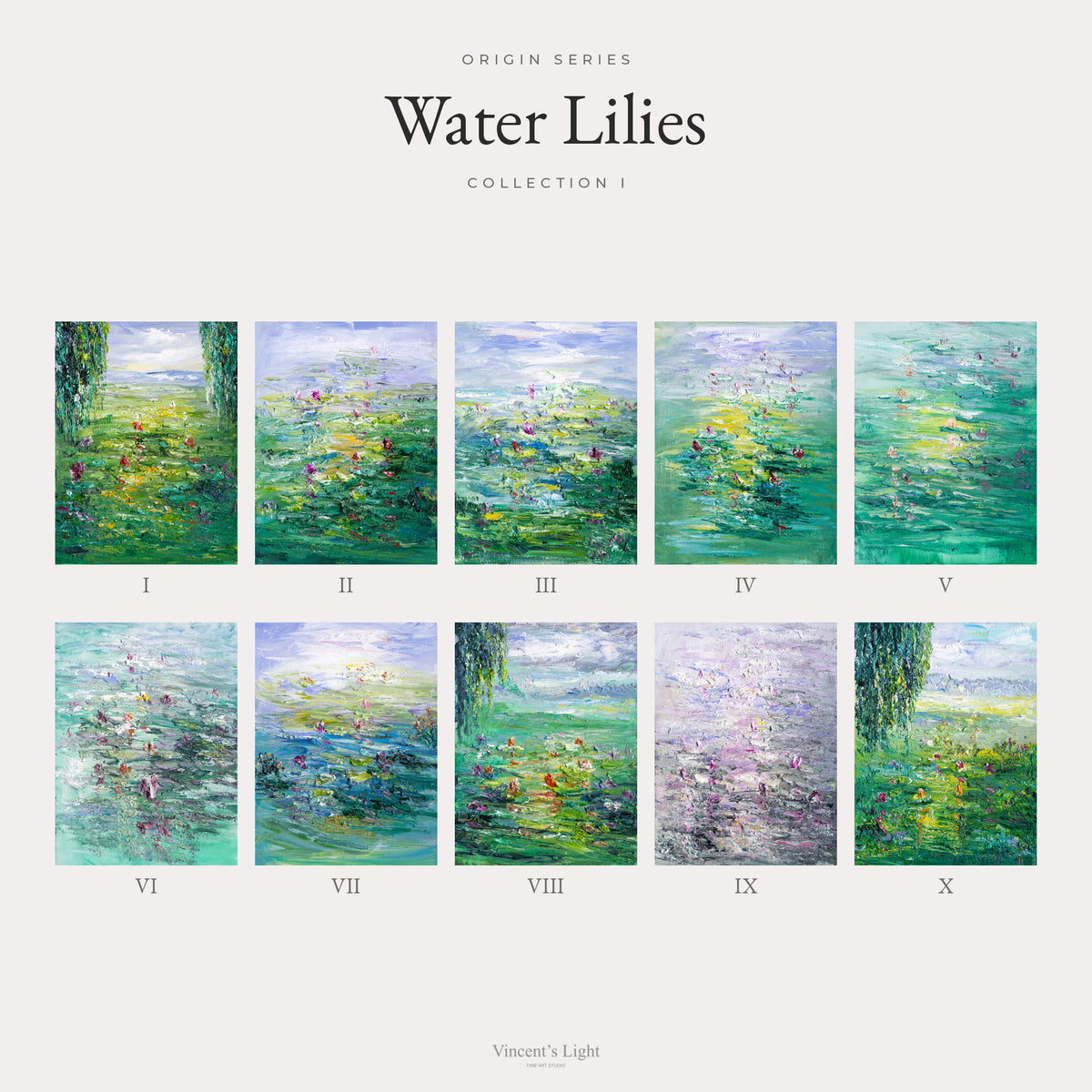 Water Lilies Collection I by Yingzhi Chen — ten original acrylic paintings, I to X