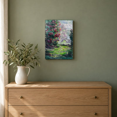Where Color Leads by Yingzhi Chen hanging on a sage green painted wall above a pale oak dresser with a white ceramic jug of fresh greenery